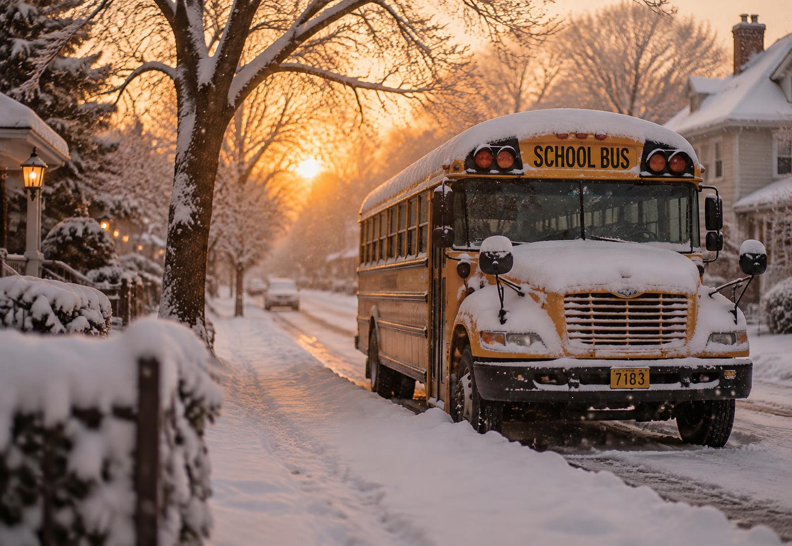 School bus covered in fresh snow on a quiet street at sunrise